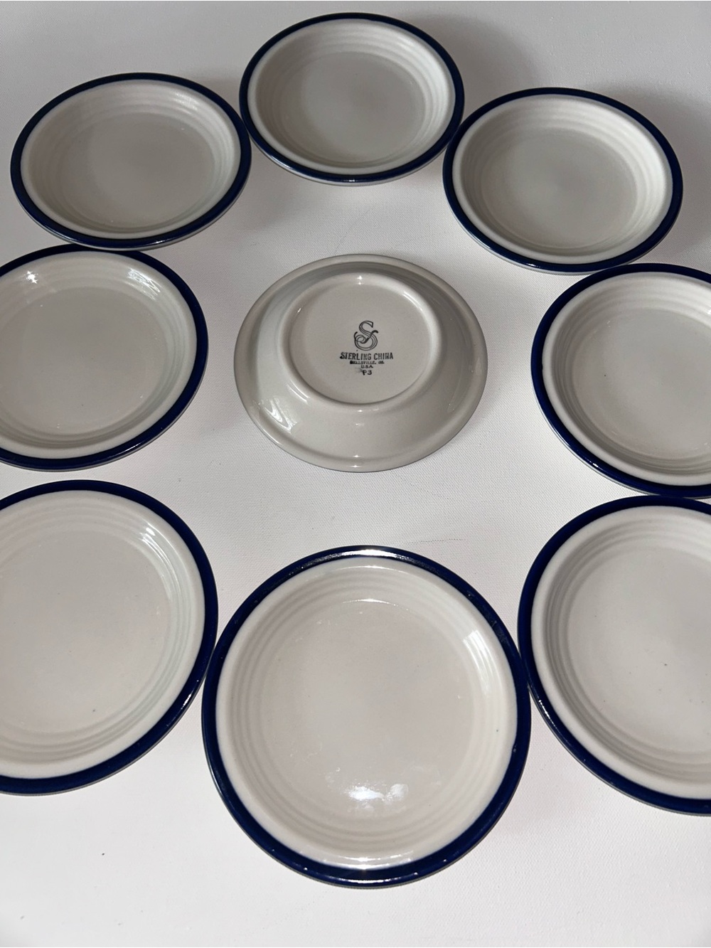 Set of 8 Vintage Sterling China Bread & Butter Plates Wellsville Ohio Blue Rim - Picture 12 of 12